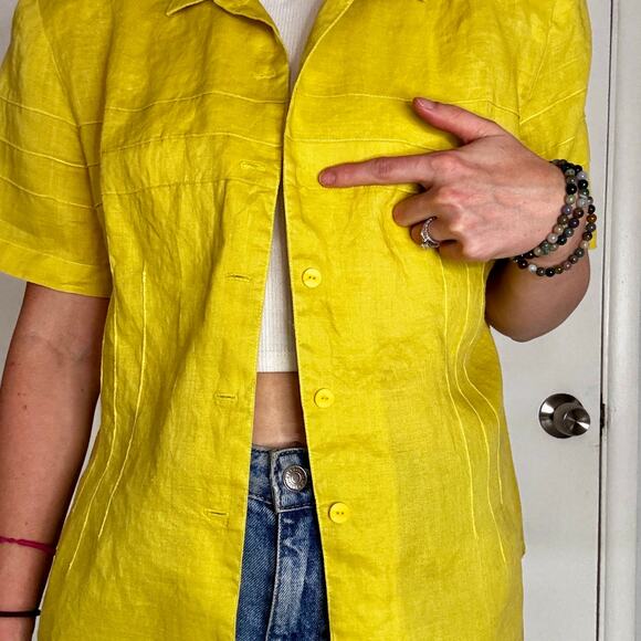 Ann Gerlin 1990s Button Up Linen Blouse Chartreuse Green Short Sleeve Tailored - Picture 3 of 10